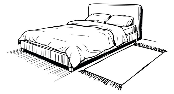 Hand drawn line art illustration of a bed and rug depicting a furnished bedroom for interior design concepts