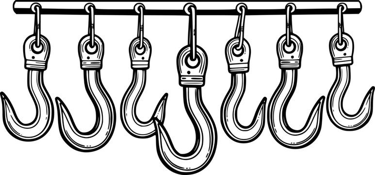 Industrial-style meat hooks hanging in a row in monochrome design
