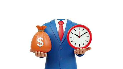 Mannequin in Suit Holding Money Bag and Clock
