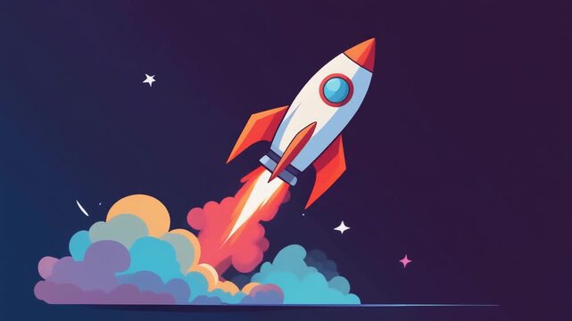 Vibrant cartoon rocket soaring into the night sky, symbolizing ambition, rapid growth, and the exciting journey towards new beginnings and successful ventures