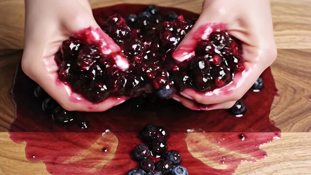 Hands crushing blueberries creating a vibrant purple juice mess