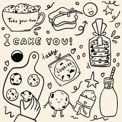 Hand Drawn Cookie and Milk Doodle Collection, Cute Dessert Snacks, Bakery Food Sketch Style Illustration