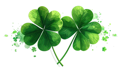 A vibrant illustration showcasing two shamrocks against an abstract, green splattered background