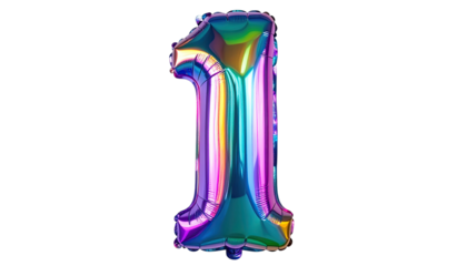 A vibrant, iridescent number one balloon against a black background