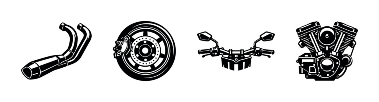 Motorcycle parts vector icons set: exhaust, wheel, handlebars, engine
