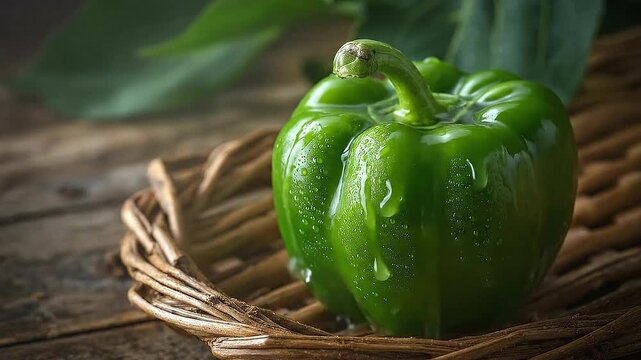 Green bell pepper on basket: A vibrant, fresh green bell pepper sits gracefully inside a rustic wicker basket, accented by glistening water droplets that catch the light.