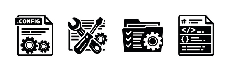 Configuration and tools vector icons set for software, engineering, tech solutions
