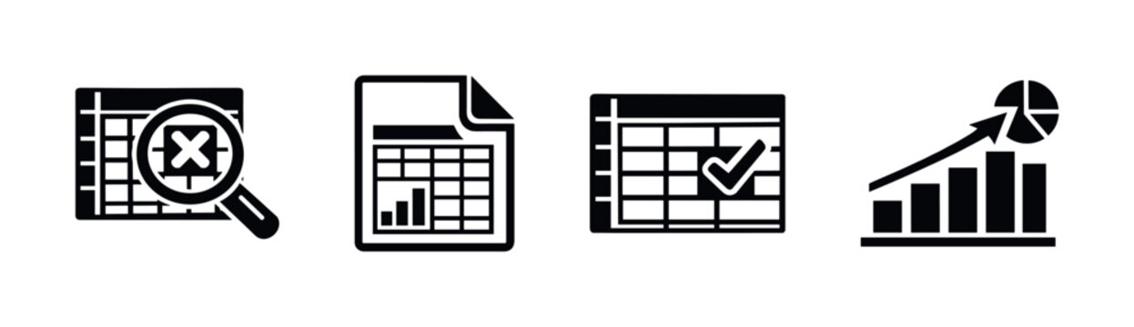 Spreadsheet vector icons set: data analysis, chart symbols, growth indications