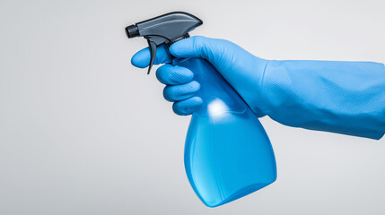 Hand in Blue Rubber Glove Holding Cleaning Spray Bottle on Light Background &ndash; Disinfection, Hygiene, Cleaning and Healthcare Concept