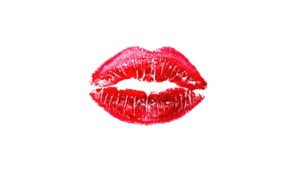 A vibrant, lipstick-stained kiss mark in vivid red against a deep black background