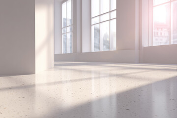Fototapeta premium Terrazzo flooring spacious empty room sunlight large window modern interior white wall polished surface minimalistic bright clean peaceful atmosphere