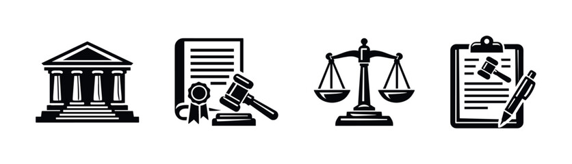 Obraz premium Legal and justice vector icons set with court, document, scales, and gavel symbols