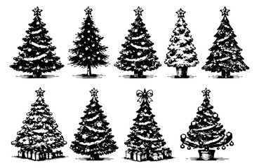 Obraz premium Hand drawn Christmas tree set featuring decorated firs with stars and gifts for winter holidays