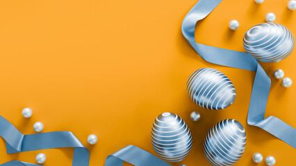 Silver Striped Easter Eggs with Ribbon on Orange Background Copy Space. 3d rendering