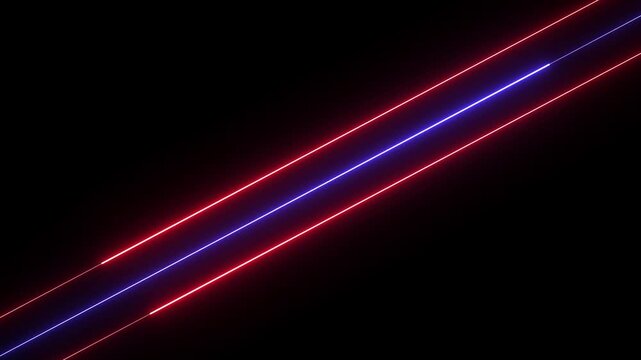 Futuristic neon laser lines on dark background for technology visuals. Diagonal red and blue light stripes form digital data flow effect. Abstract neon motion backdrop suits sci fi