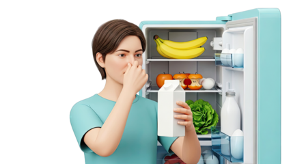 Person holding milk carton and pinching nose near open refrigerator