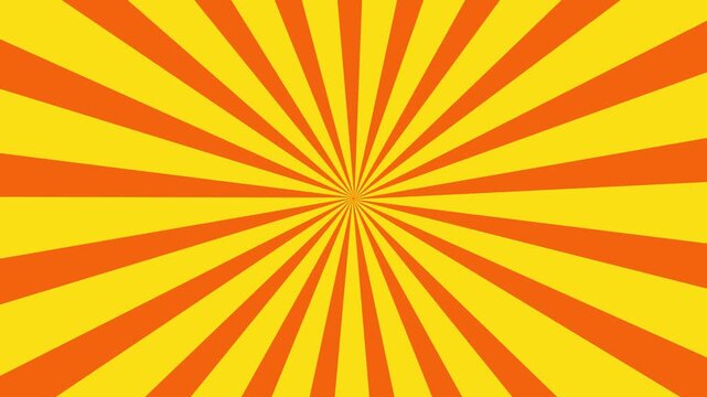 Radiating sunburst background with bold striped rays from center. Colorful retro radial beams create energetic motion visual. Looping 4K stripe animation fits promos, comics, and dynamic scenes.