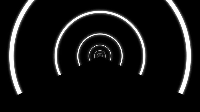 Glowing circle tunnel loop with animated concentric rings. Neon abstract tunnel creates seamless digital motion background. Futuristic disco style circle loop suits VJ and tech visuals.