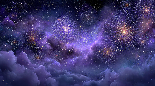 Bright fireworks illuminating a starry night sky with clouds.