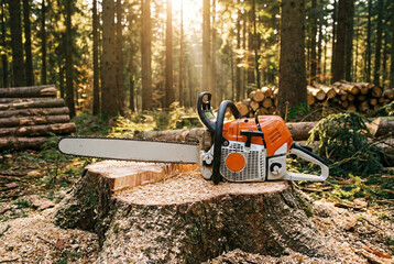 A chainsaw rests on a tree stump in a forest surrounded by cut logs and tall trees