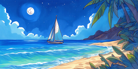 月光が波間に揺れる幻想的な夜の海　自然と癒しの背景イラスト素材
海　月　夜景　幻想的　自然　静寂　ロマンチック　波　イラスト　癒し　風景画　満月　星空　背景素材