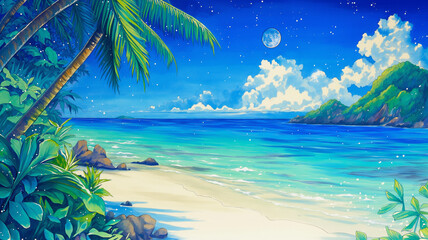 月光が波間に揺れる幻想的な夜の海　自然と癒しの背景イラスト素材
海　月　夜景　幻想的　自然　静寂　ロマンチック　波　イラスト　癒し　風景画　満月　星空　背景素材