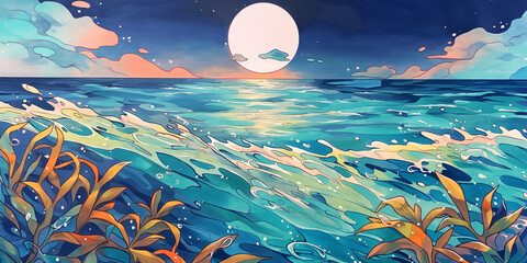 海と満月が織りなす幻想夜景　静かな波音が聴こえるような癒しの風景
月　海　夜　満月　波　幻想　神秘　イラスト　自然　背景素材　ロマンチック　ヒーリング　夜景　星空