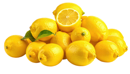 A vibrant pile of juicy, golden lemons with a cut one, isolated on black