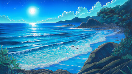 ロマンチックな満月の海と波の煌めき　癒しの幻想夜景イラスト素材集
海　月　夜　波　満月　幻想的　自然　ヒーリング　神秘的　背景　イラスト　夜空　静寂　動画映像向け