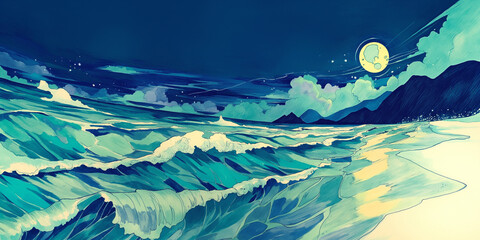 ロマンチックな満月の海と波の煌めき　癒しの幻想夜景イラスト素材集
海　月　夜　波　満月　幻想的　自然　ヒーリング　神秘的　背景　イラスト　夜空　静寂　動画映像向け