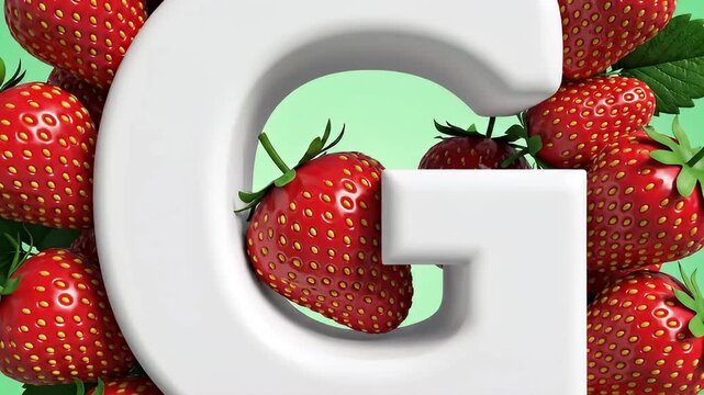 A vibrant and visually appealing 3D rendering showcases a prominent, smooth white capital letter "G" surrounded by an abundance of perfectly ripe, glossy red strawberries. Each strawberry is detailed 
