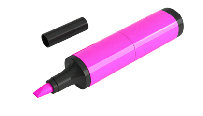 A vibrant pink highlighting marker with its black cap off, angled against a black background
