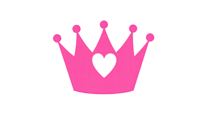 A vibrant pink illustration of a crown with a heart cutout, set against a stark black background