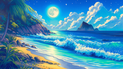 満月と夜の海が描く幻想風景　静かに波打つロマンチックな夜景イラスト
海　月　満月　夜景　波　幻想　自然　神秘的　癒し　アニメ調　風景画　背景素材　静けさ　星空　月夜