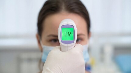 Woman Wearing Mask with Thermometer.