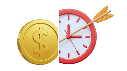 Gold coin and clock with arrow symbolizing time and money
