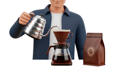 Pour-over coffee preparation with gooseneck kettle and coffee beans bag