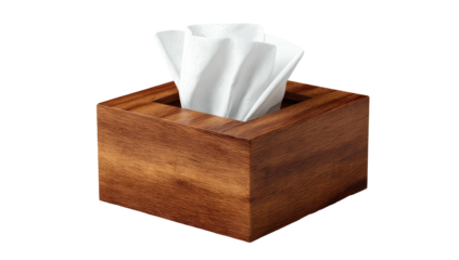 Wooden tissue box with soft, white tissues sticking out