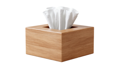 Wooden tissue box with crumpled white tissues protruding from the top