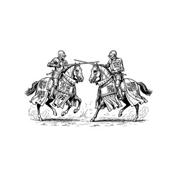 Medieval jousting knights engraving.