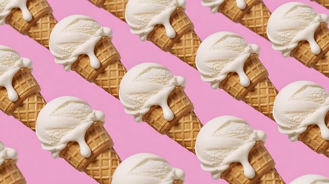 A vibrant, eye-catching pattern of delicious ice cream cones, featuring generous scoops of creamy, white vanilla ice cream gently melting and dripping down golden-brown waffle cones. The treats are ar