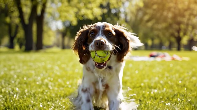Happy Springer Spaniel Runs and Carries a Ball in the Park