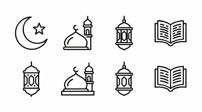 Ramadan line icon set with thin outline style, crescent moon, star, mosque dome, lantern and Quran, minimal vector illustration, consistent line weight