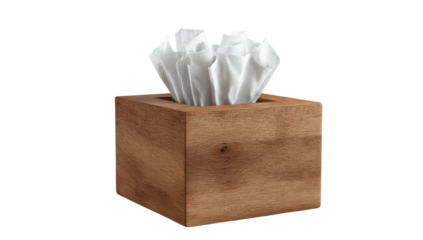 Square wooden tissue box dispenser filled with white paper tissues