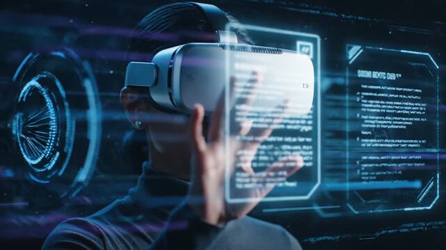 Woman in VR headset interacting with holographic interface