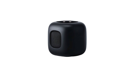 Small, matte black cube-shaped speaker with rounded edges against a dark backdrop