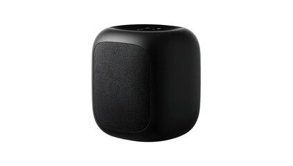 Dark, rounded-rectangle speaker with fabric panel on a black background
