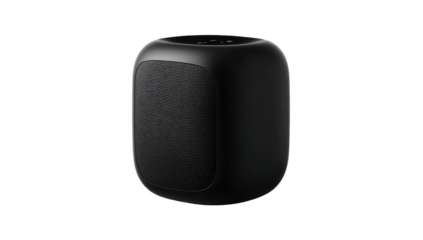 Dark, rounded-rectangle speaker with fabric panel on a black background