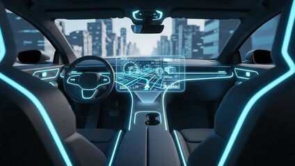 Futuristic Car Interior with Holographic Display and Cityscape. - Powered by Adobe