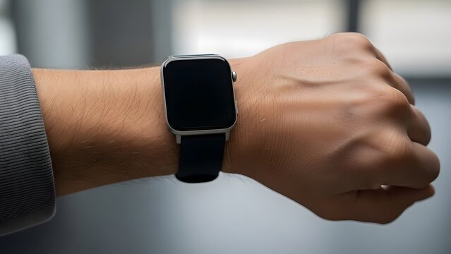 Close up of a person's wrist wearing a modern smartwatch with a dark screen in a professional setting - Powered by Adobe